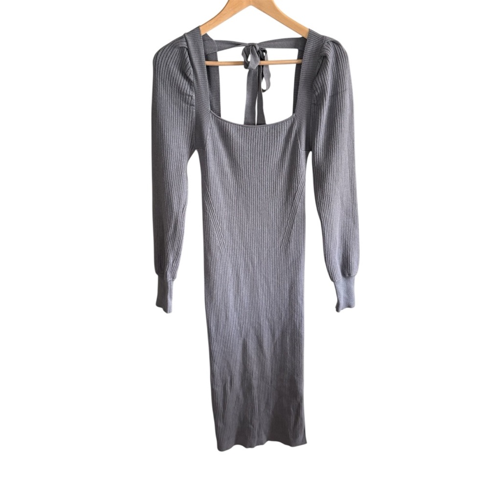 House of Harlow Women’s Ribbed Knit Bodycon Long Sleeve Gray Square Neck Dress S